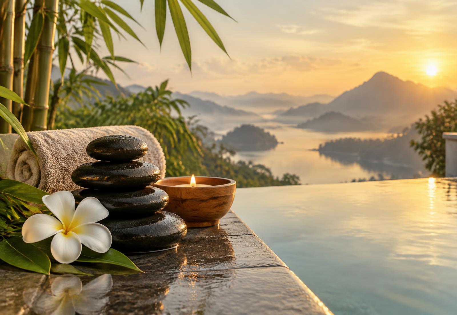 Ambiance zen : galets de massage, bougie et fleur au bord de l'eau au lever du soleil